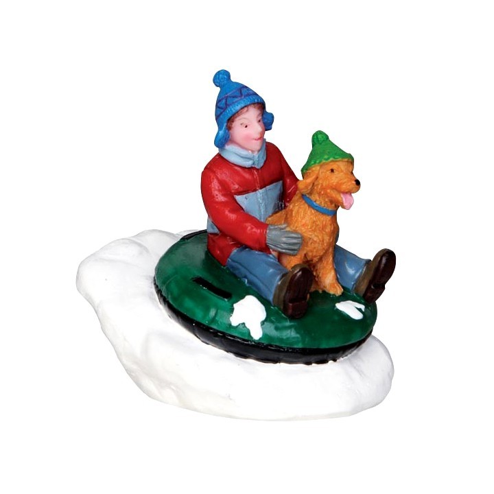 Enfant et son chien sur une luge Lemax