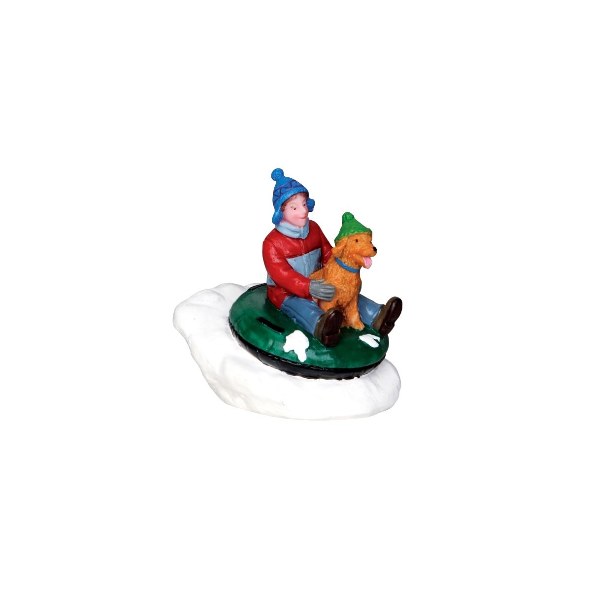 Enfant et son chien sur une luge Lemax