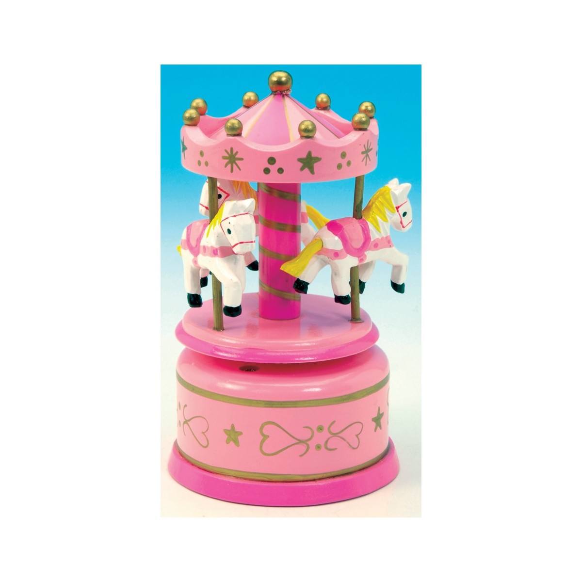 Boîte à musique manège en bois rose 14 cm
