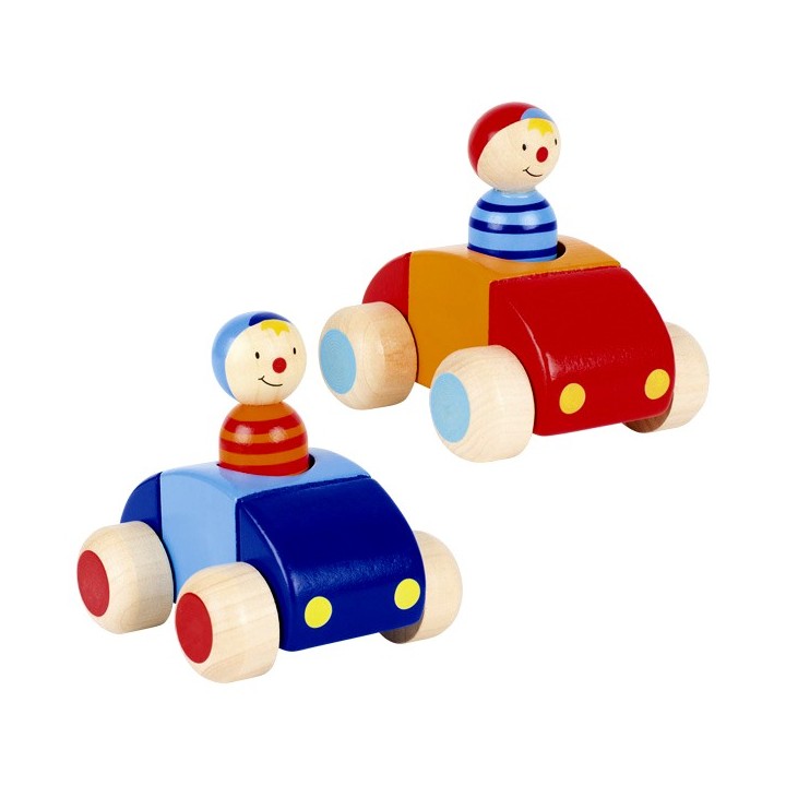 Voiture et personnage en bois klaxon bleu et rouge