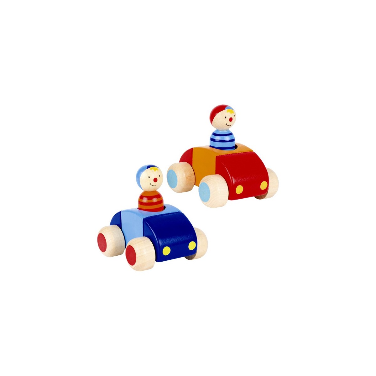 Voiture et personnage en bois klaxon bleu et rouge