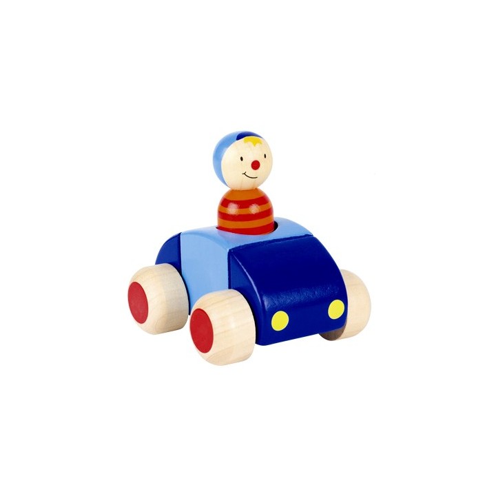 Voiture et personnage en bois klaxon bleu et rouge