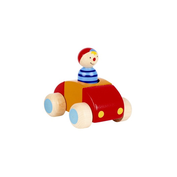 Voiture et personnage en bois klaxon rouge et bleu
