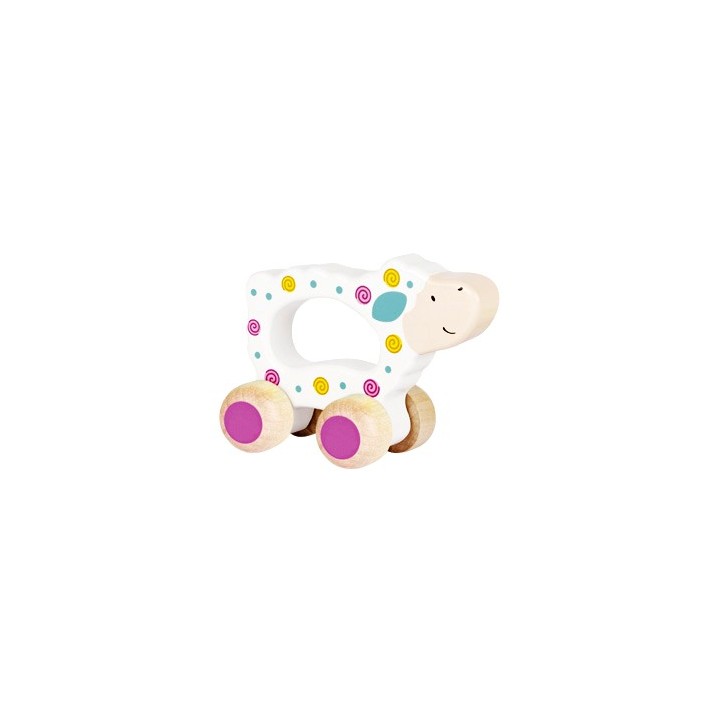 Mouton en bois à roulettes à saisir blanc rose