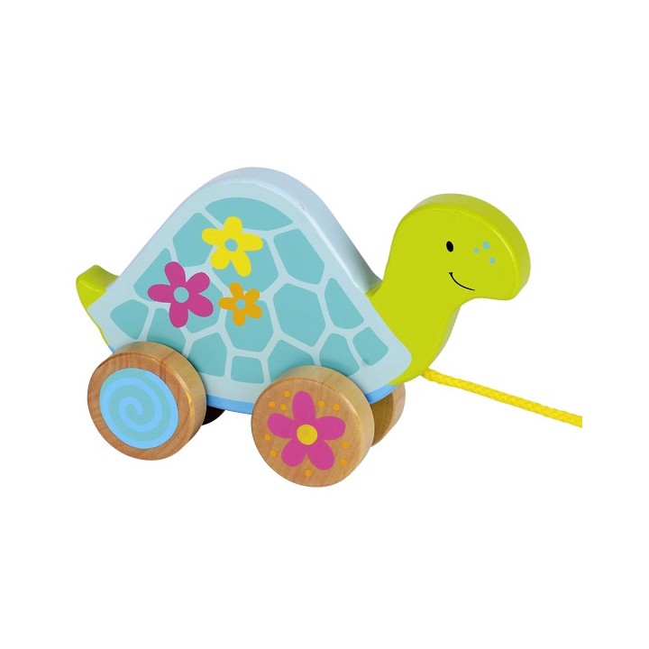 Tortue en bois à tirer vert fleurs 18 cm