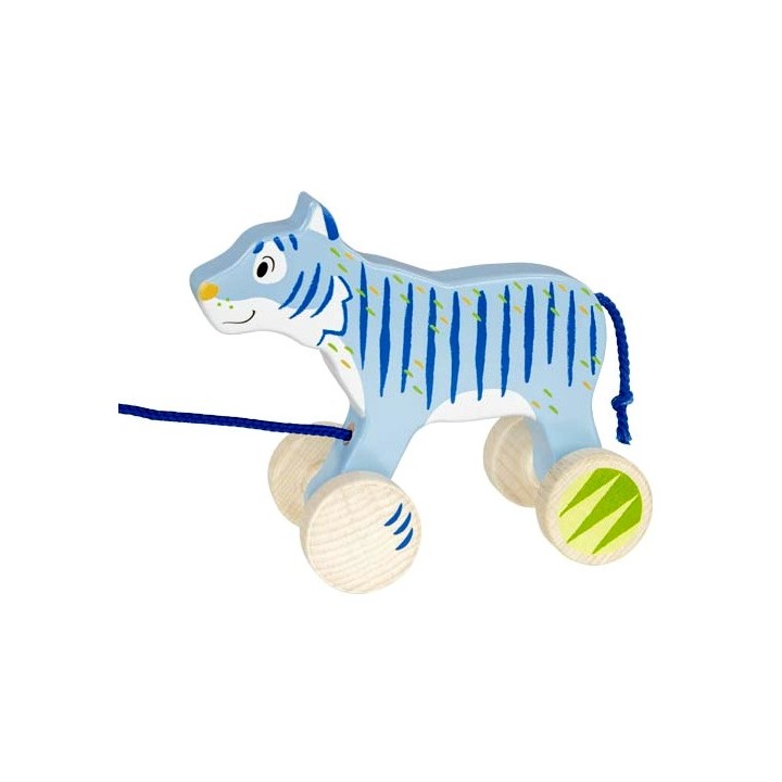 Tigre en bois bleu à tirer 18 cm