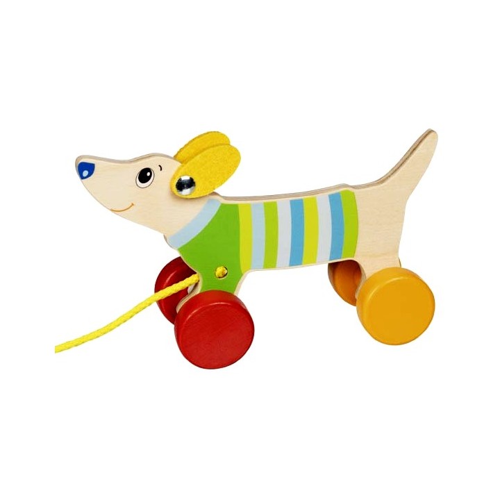 Chien en bois muticolore à tirer 17 cm