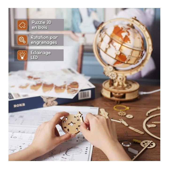 Maquette en bois globe terrestre lumineux