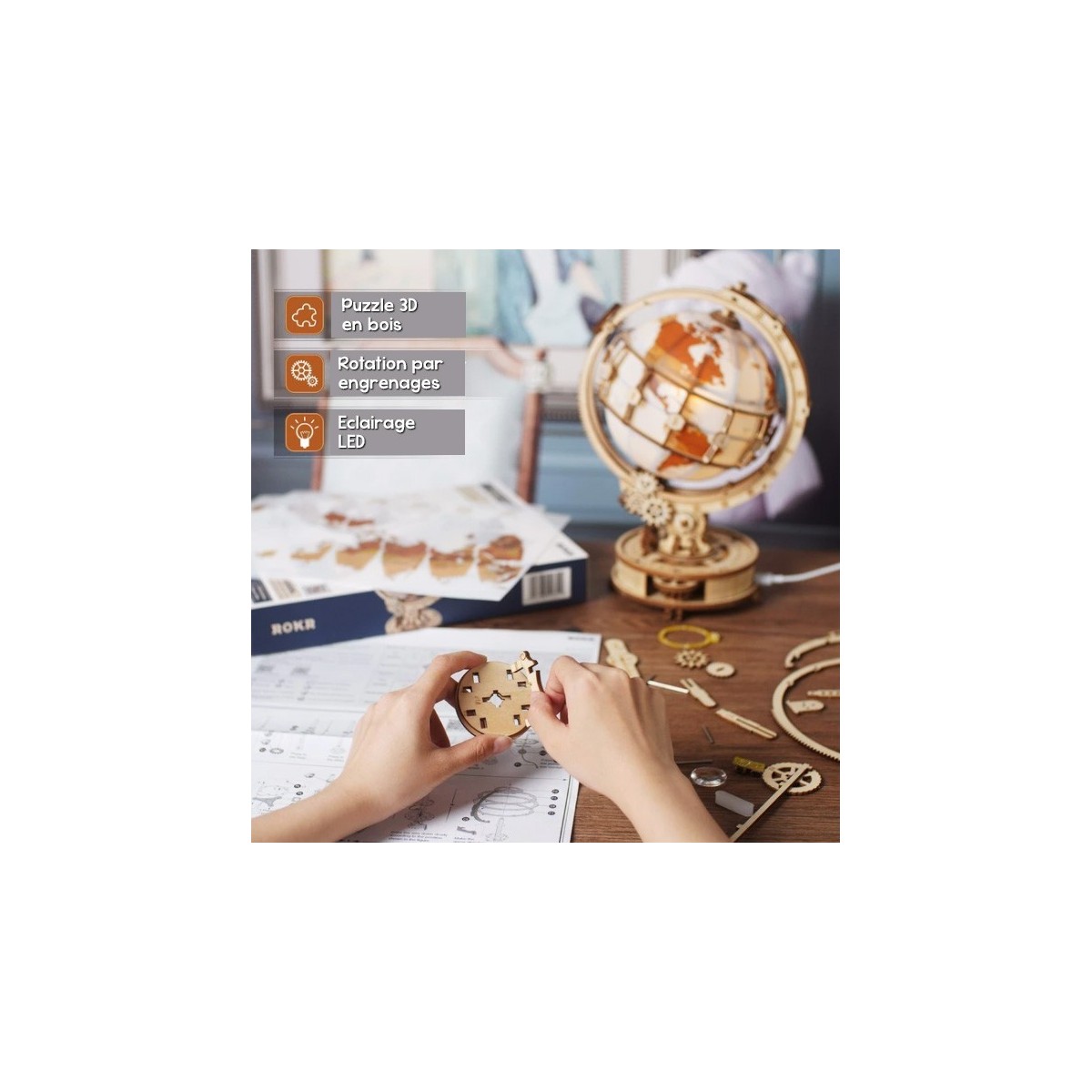 Maquette en bois globe terrestre lumineux