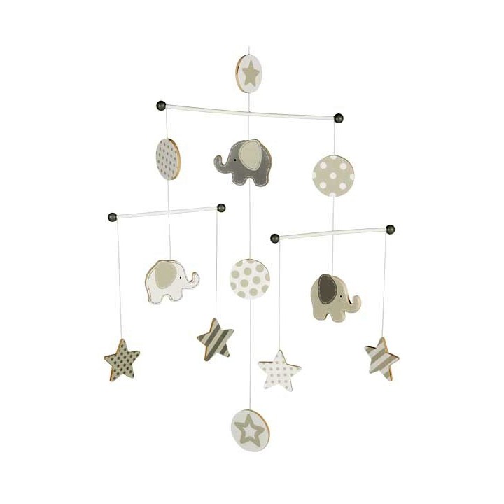 Mobilé bébé en bois gris éléphants étoiles 50 cm