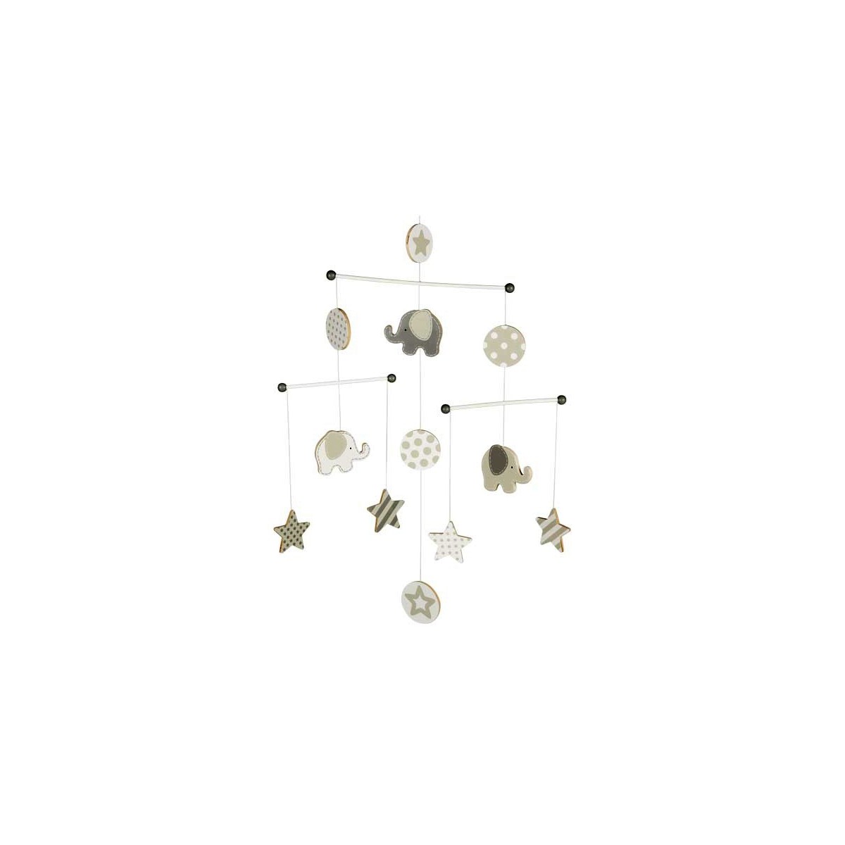 Mobilé bébé en bois gris éléphants étoiles 49 cm