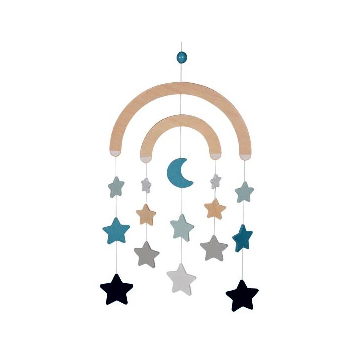 Mobilé bébé en bois bleu lune étoiles 52 cm