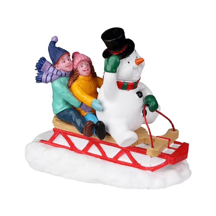 Luge enfants et bonhomme de neige Lemax