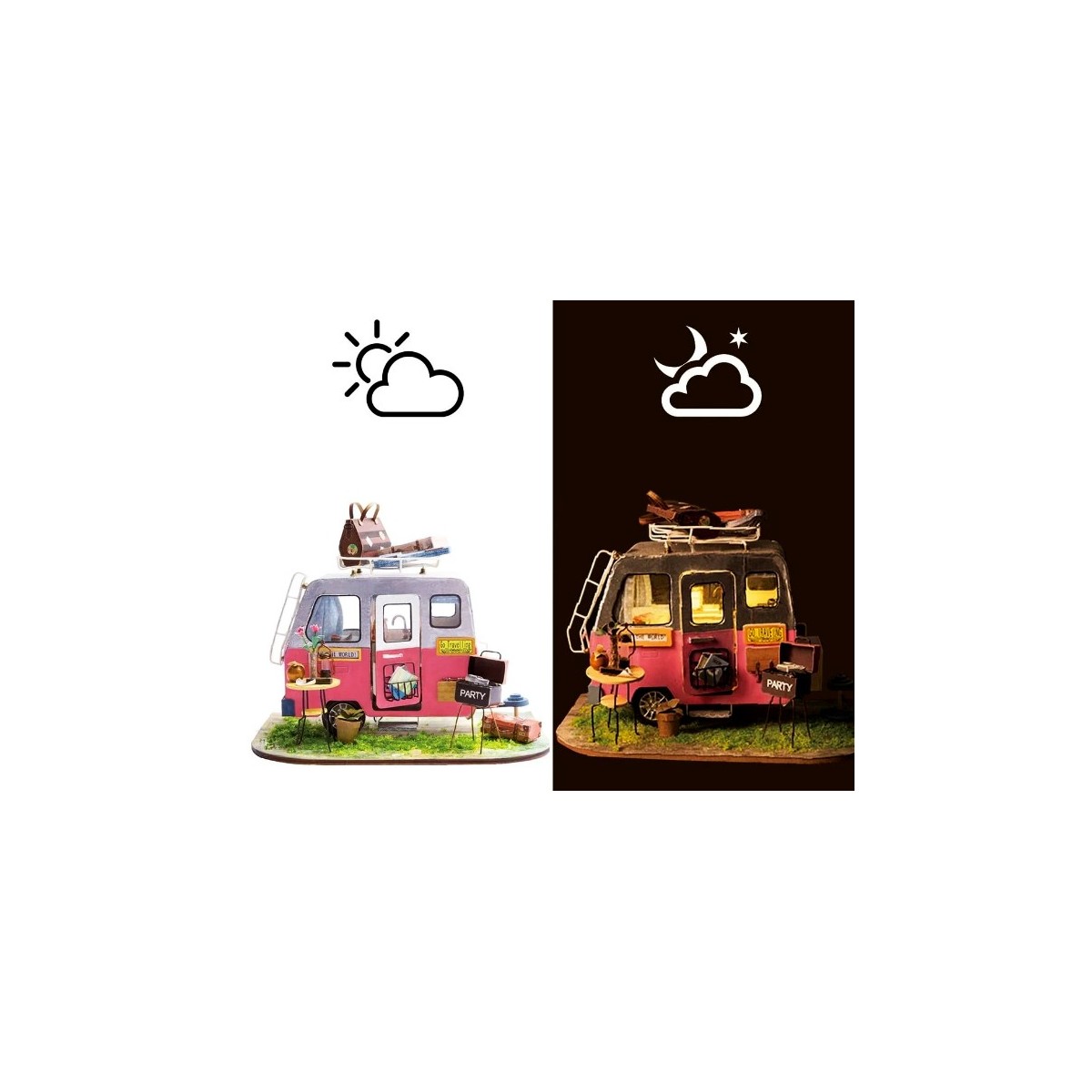 Maquette en bois lumineuse caravane