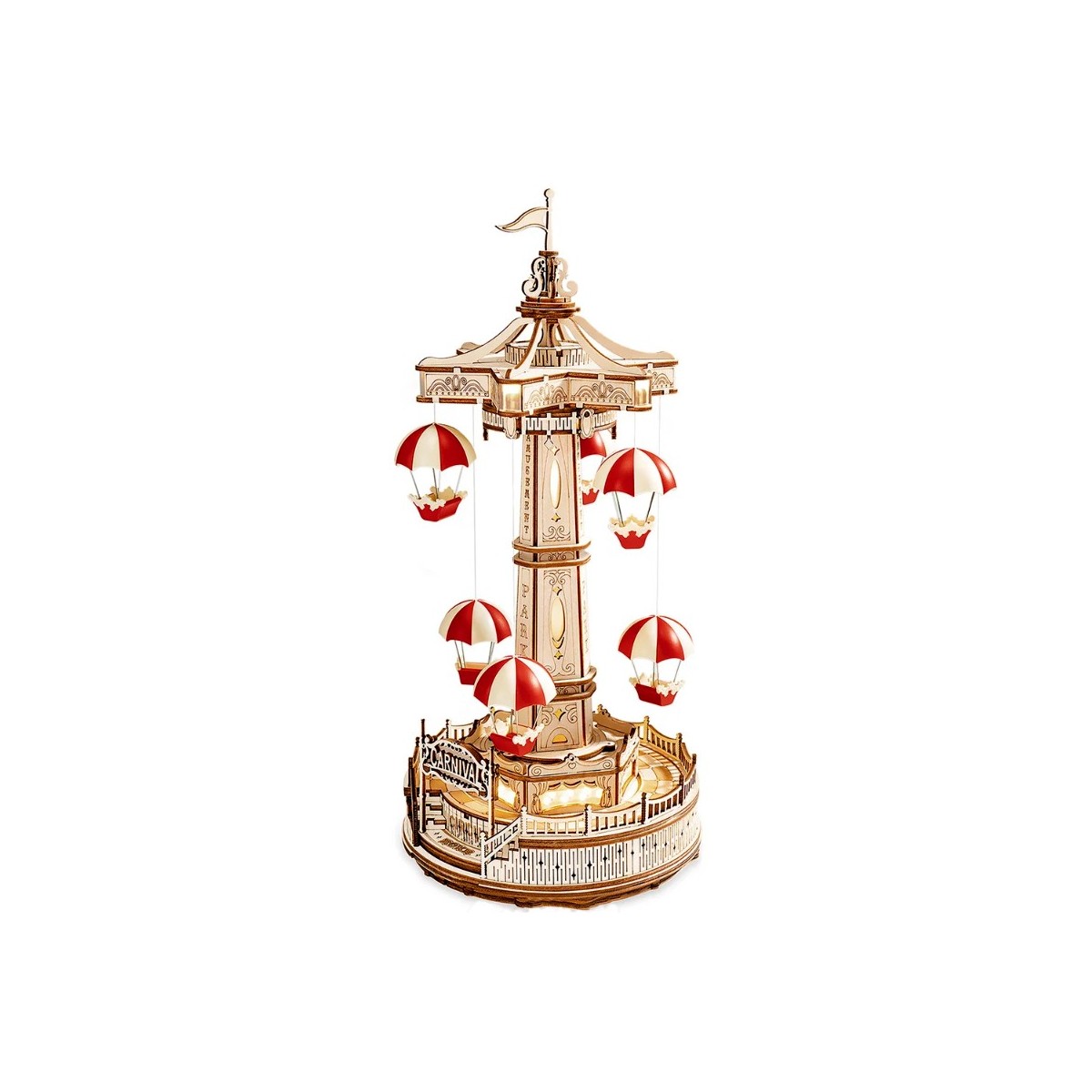 Maquette en bois animée lumineuse musicale Manège parachutes