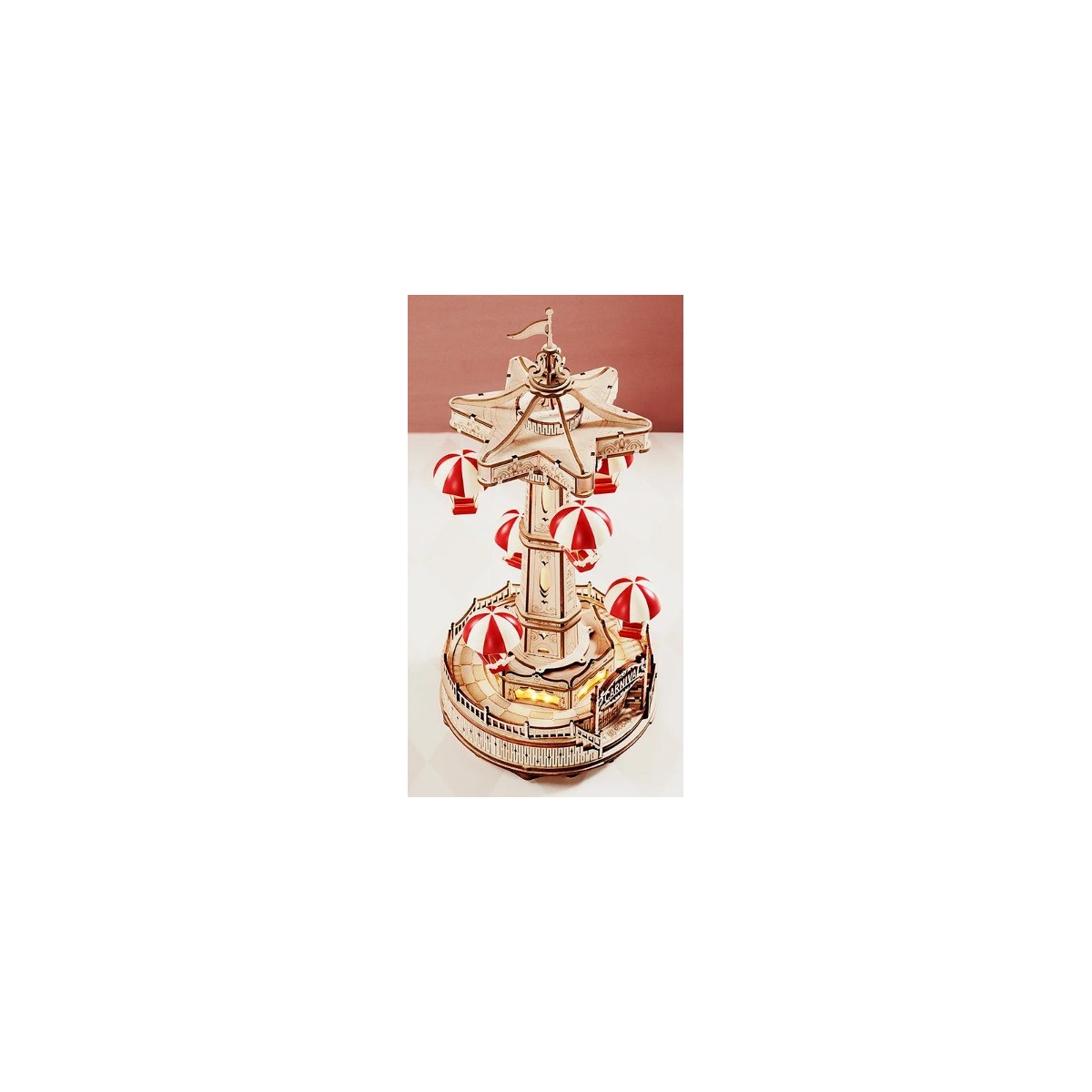 Maquette en bois animée lumineuse musicale Manège parachutes
