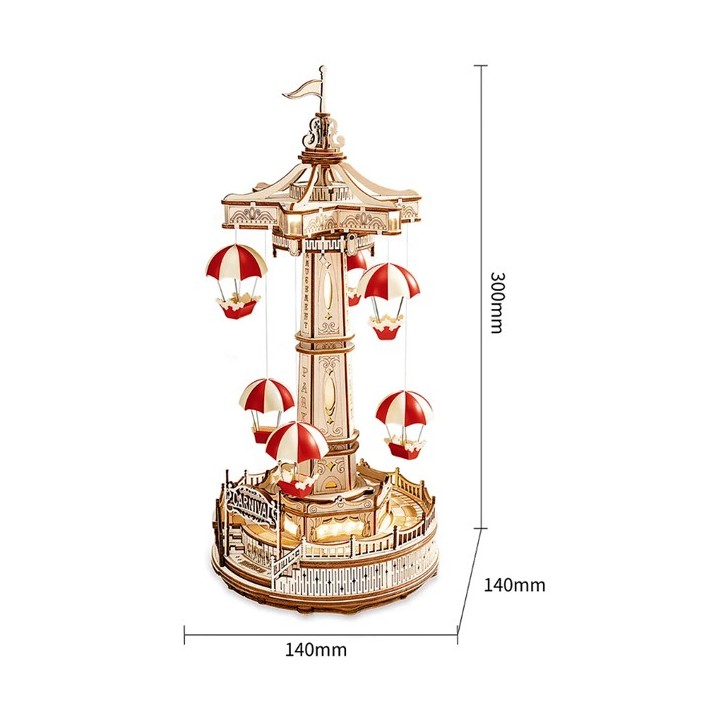Maquette en bois animée lumineuse musicale Manège parachutes
