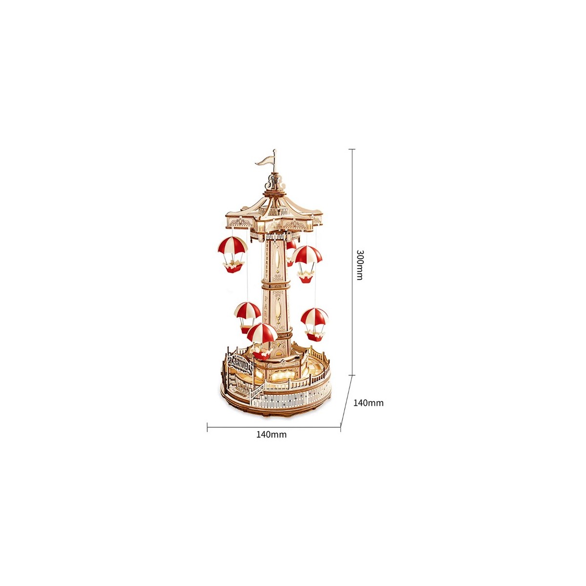 Maquette en bois animée lumineuse musicale Manège parachutes