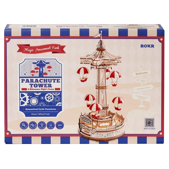 Maquette en bois animée lumineuse musicale Manège parachutes