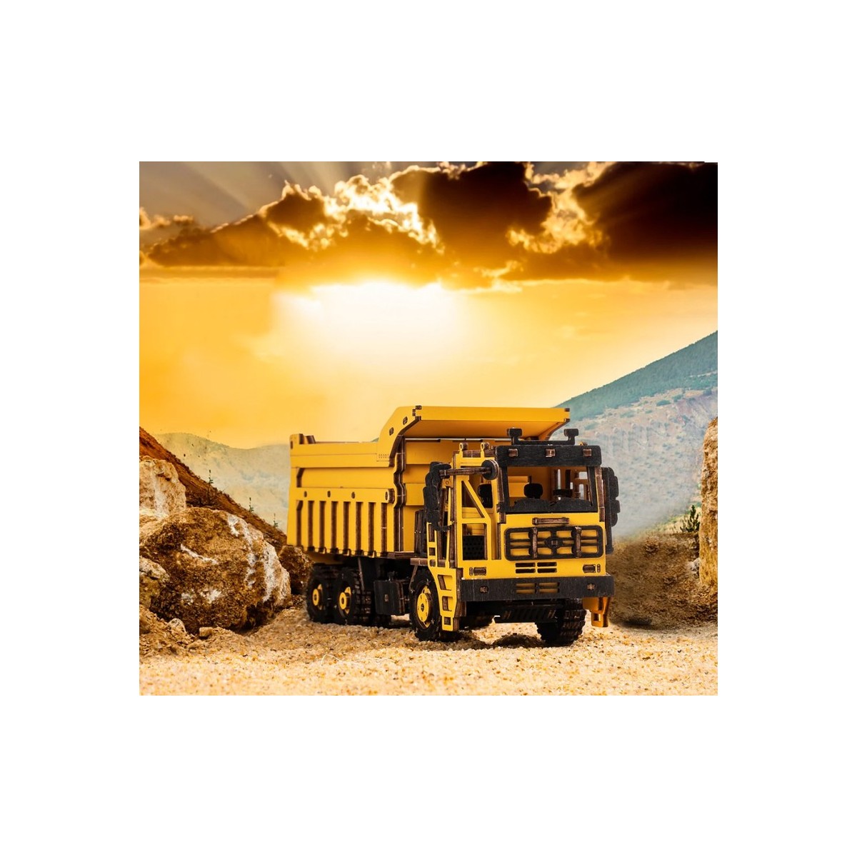 Maquette en bois Camion benne jaune