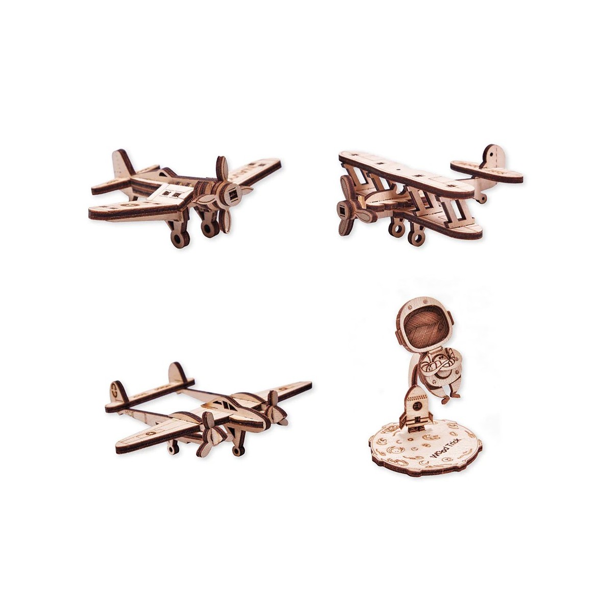 Maquettes en bois Avions et astronaute Lot de 4