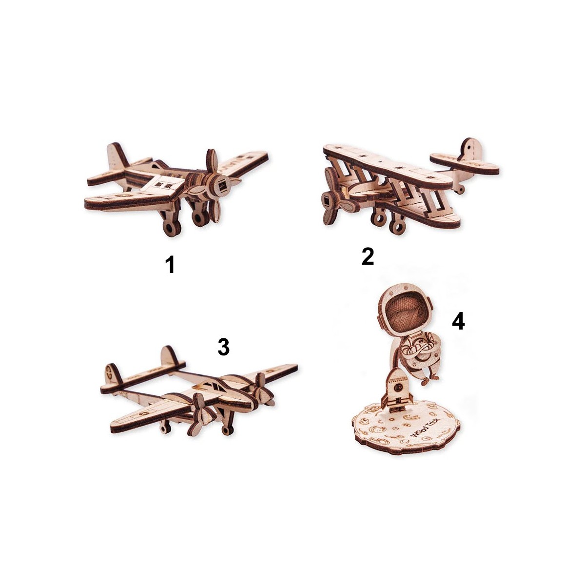 Maquettes en bois Avions et astronaute Lot de 4