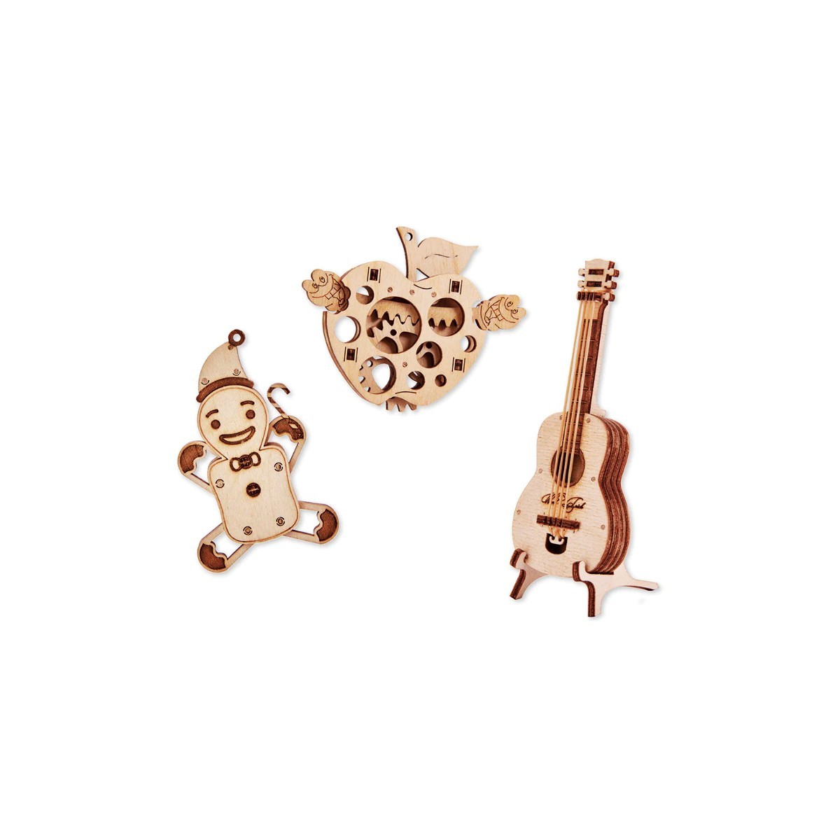 Maquettes en bois Lot de 3 (pomme, bonhomme, guitare)
