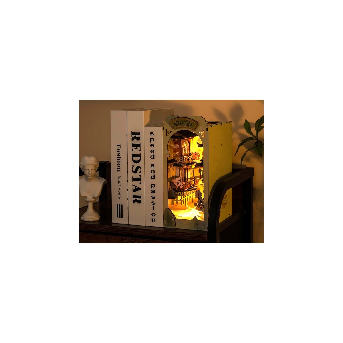 Maquette en bois lumineuse Serre-livres Japon cascade