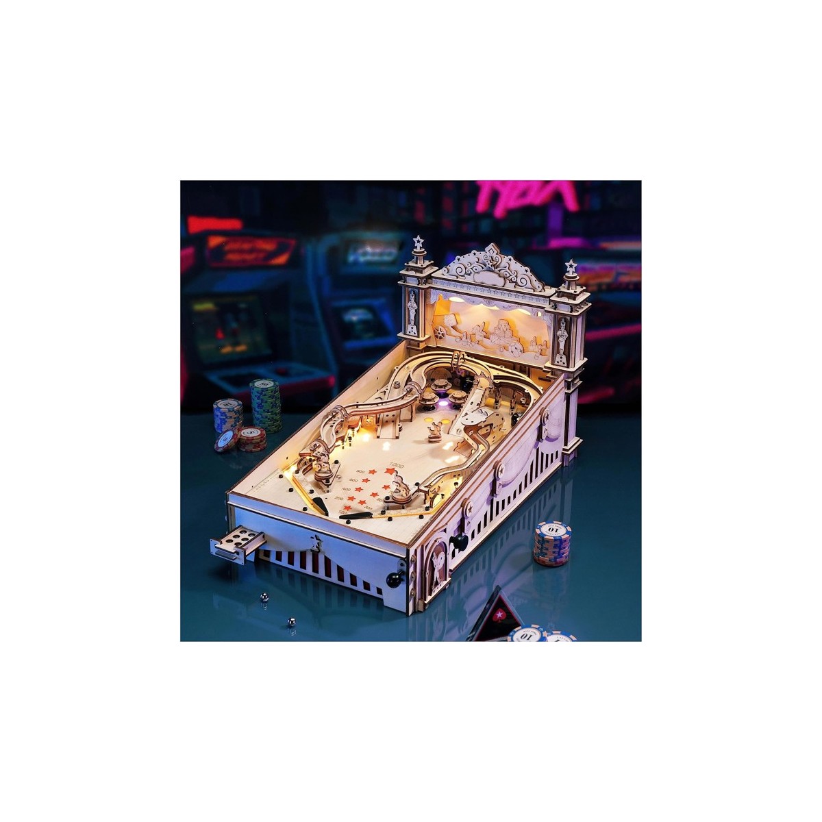 Maquette en bois Flipper animé lumineux musical