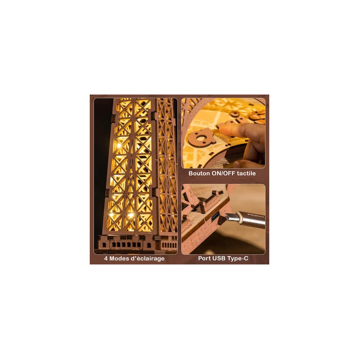Maquette en bois Tour Eiffel lumineuse 53 cm