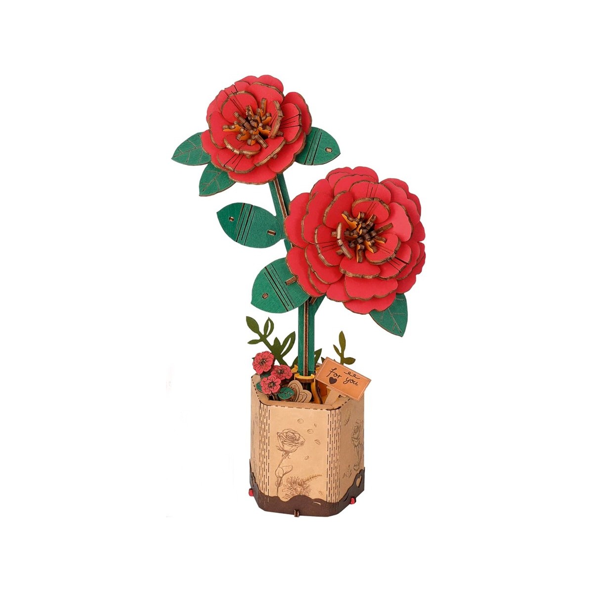 Maquette en bois Fleur Camélias rouges