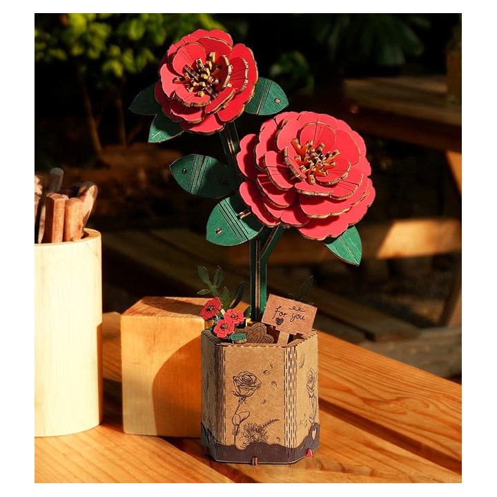 Maquette en bois Fleur Camélias rouges