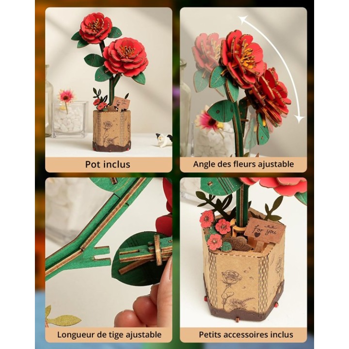 Maquette en bois Fleur Camélias rouges