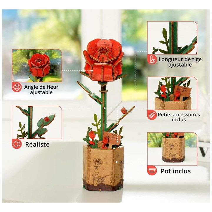 Maquette en bois Fleur Rose rouge
