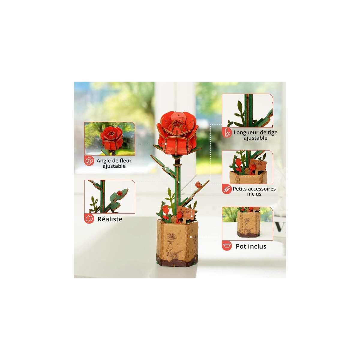 Maquette en bois Fleur Rose rouge