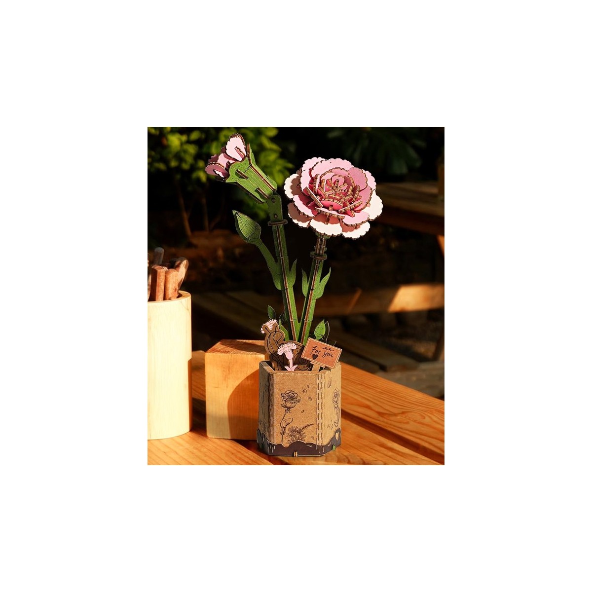 Maquette bois fleur Oeillets roses