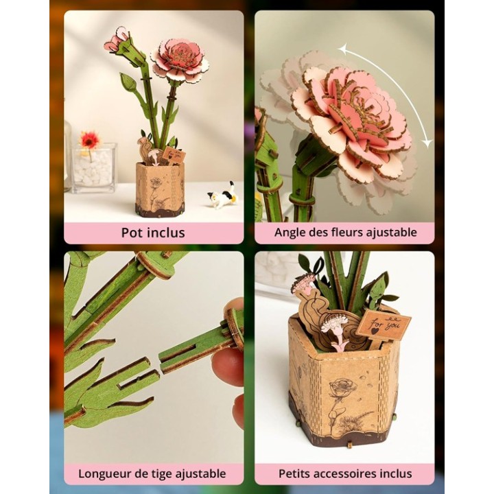 Maquette en bois Fleur Oeillets roses