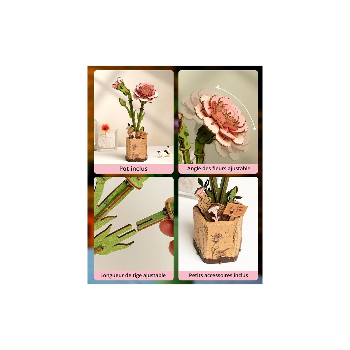 Maquette bois fleur Oeillets roses