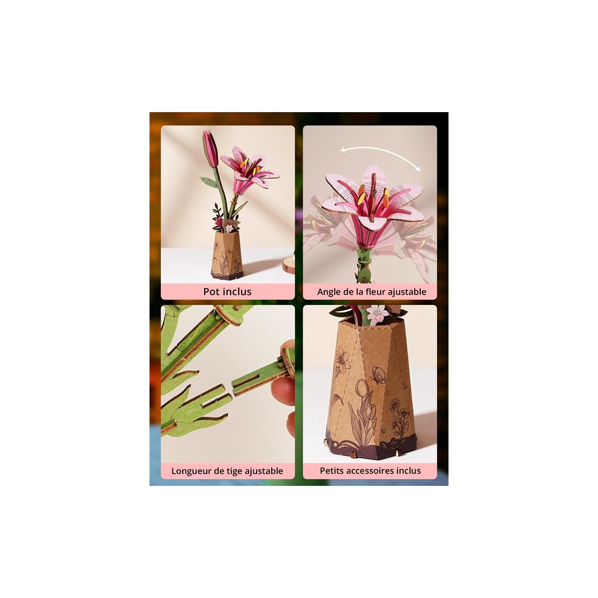 Maquette en bois Fleur Lys rose