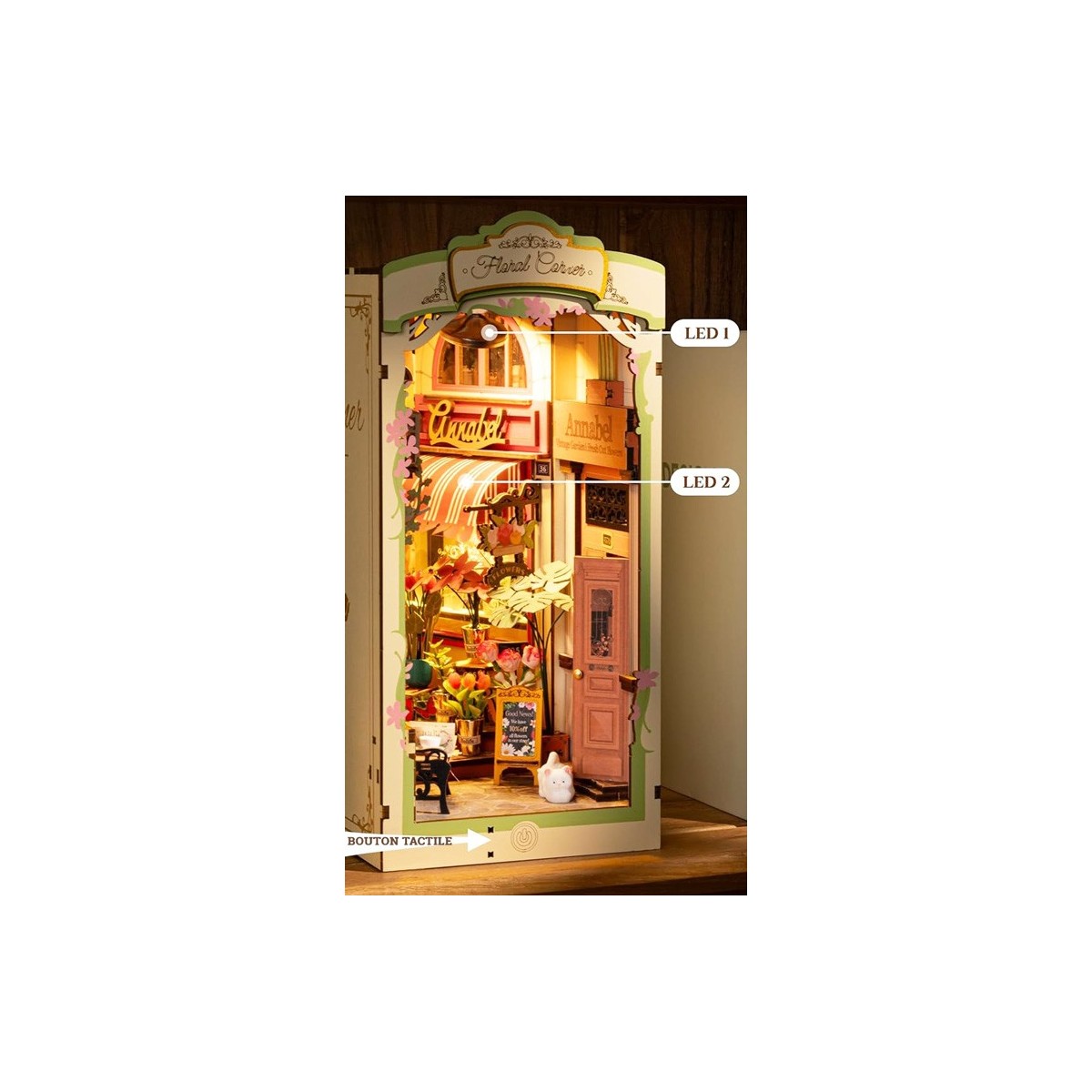 Maquette en bois lumineuse Serre-livres Rue fleurie