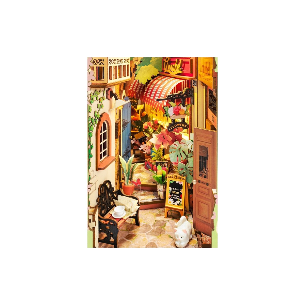 Maquette en bois lumineuse Serre-livres Rue fleurie