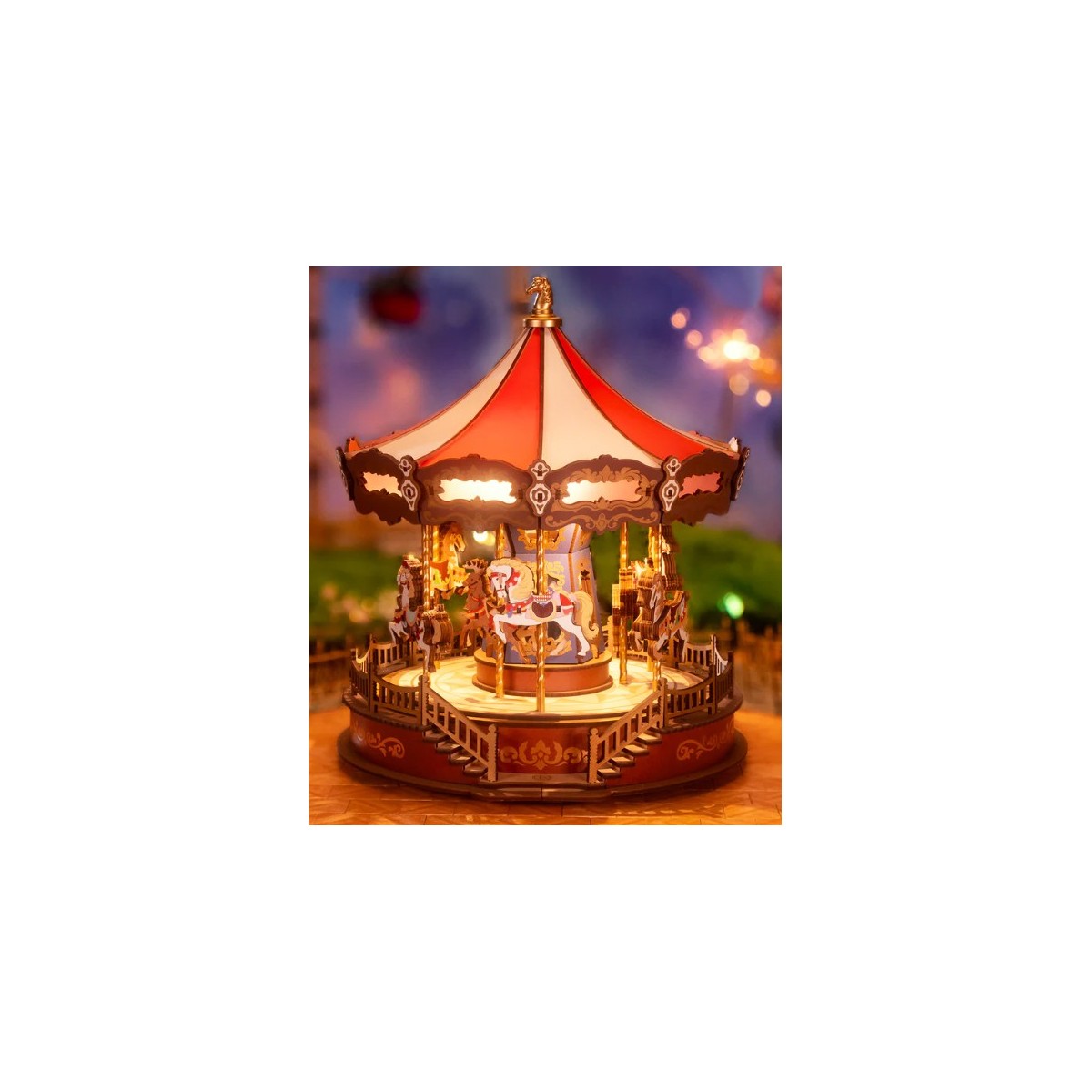 Maquette en bois animée lumineuse musicale Carrousel
