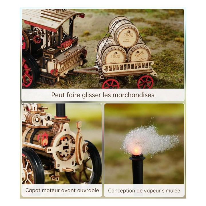 Maquette en bois animée lumineuse Locomotive à vapeur