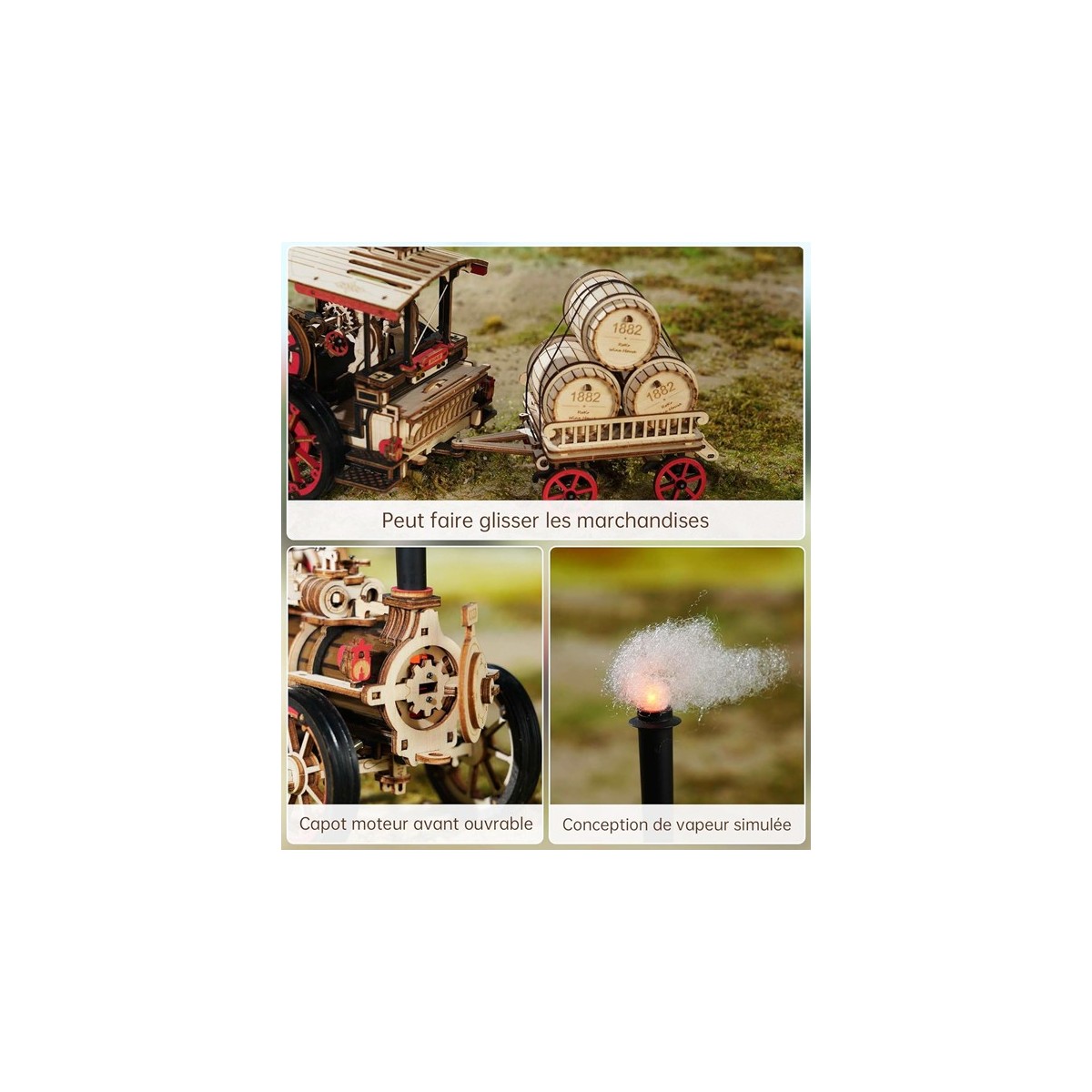 Maquette en bois animée lumineuse Locomotive à vapeur