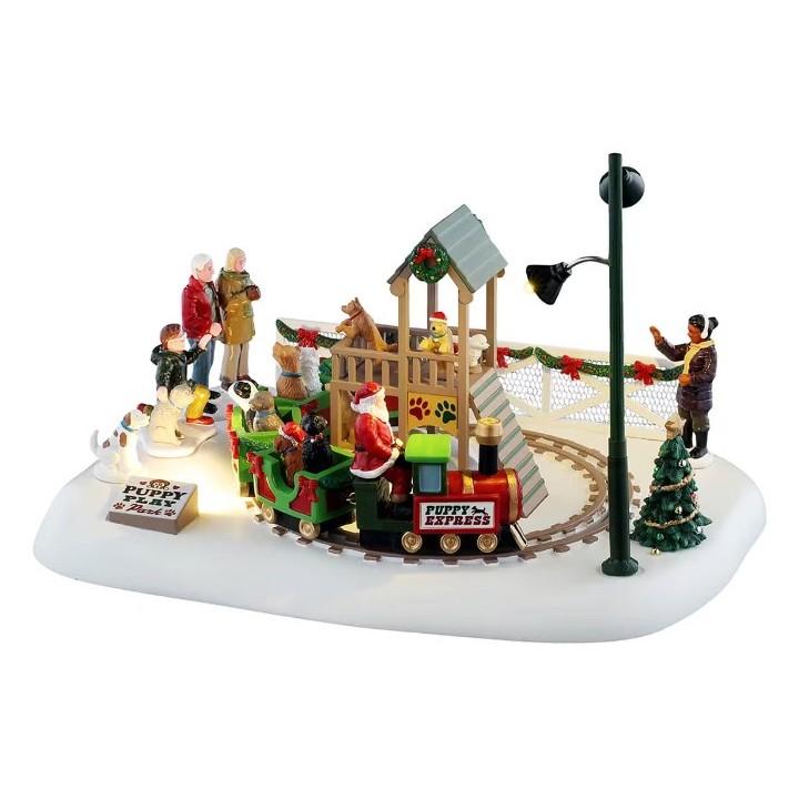 Train Père Noël et chiens animé lumineux LEMAX