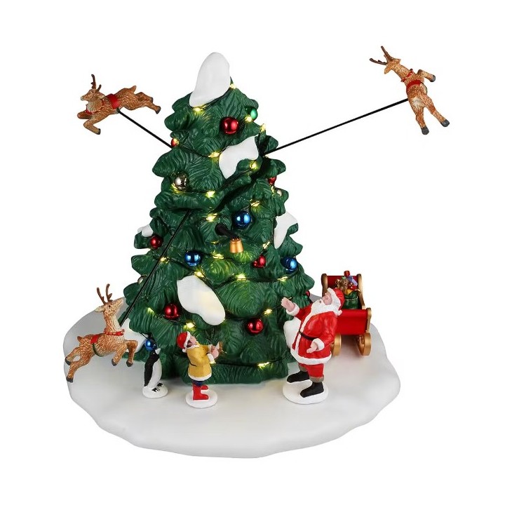 Rennes du Père Noël volant autour du sapin lumineux animé LEMAX