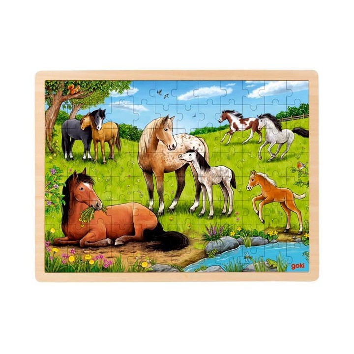 Puzzle cadre enfant en bois Chevaux au pré 96 pièces