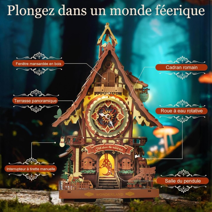 Maquette en bois Horloge à coucou animée lumineuse sonore