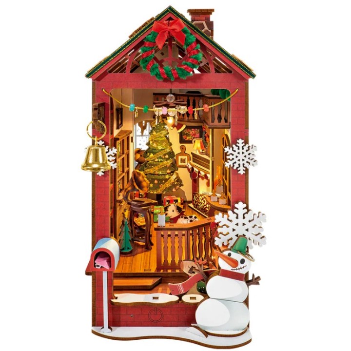 Maquette en bois Serre-livres lumineux Noël Au coin du feu
