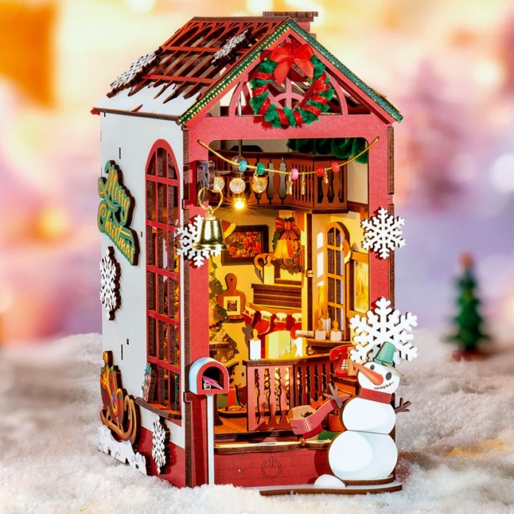 Maquette en bois lumineuse Serre-livres Noël Au coin du feu